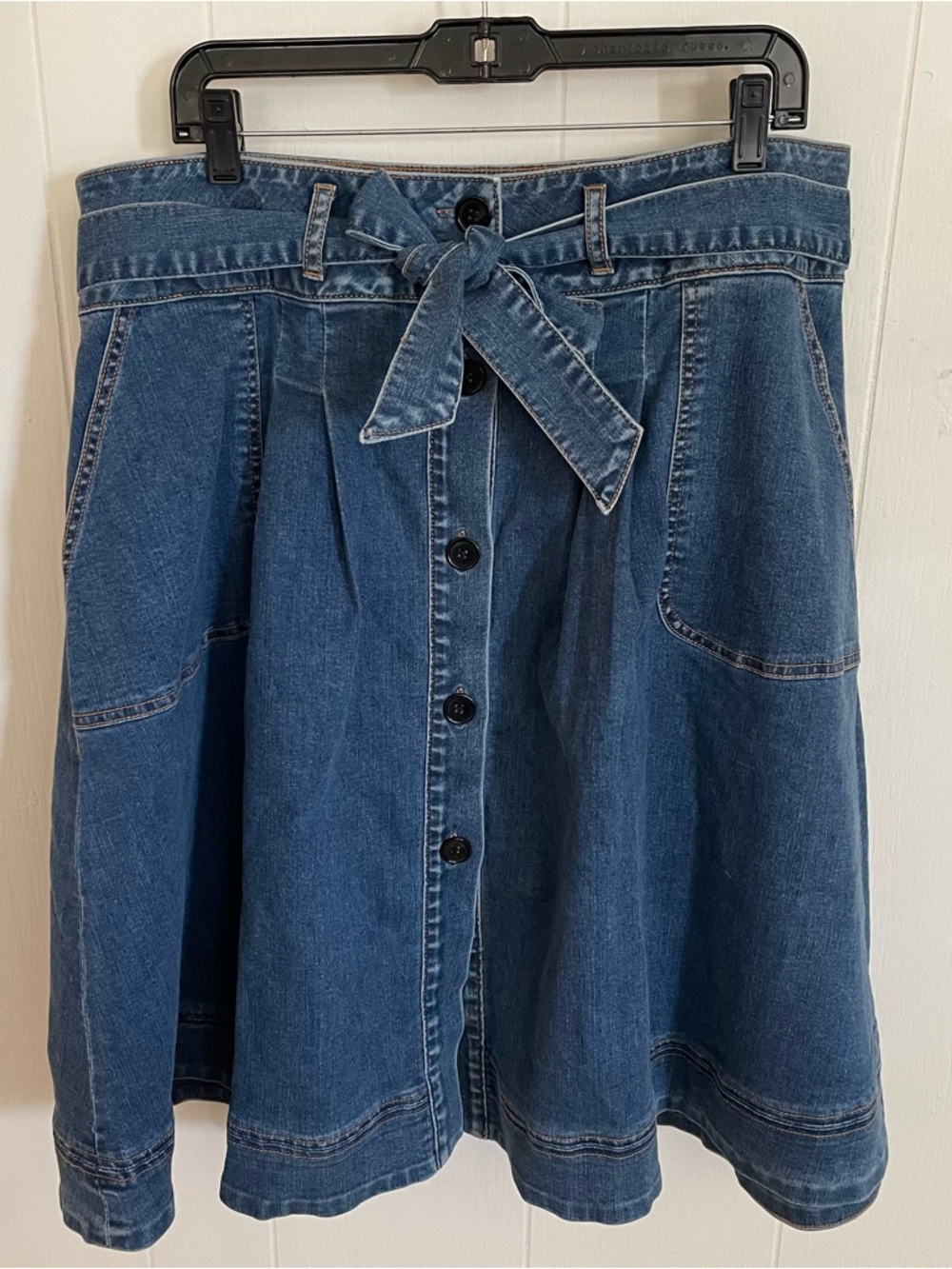 Eloquii Button-Front Denim A-Line Skirt with Tie Belt